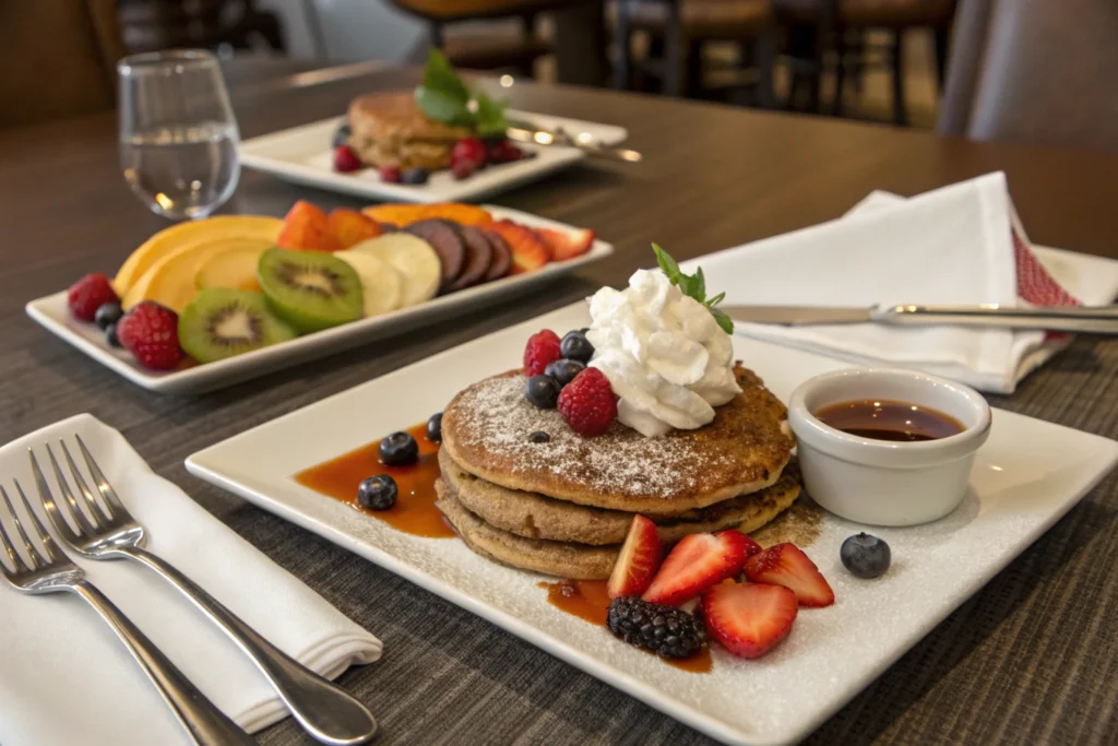 Served pancakes garnished with fresh fruit and syrup