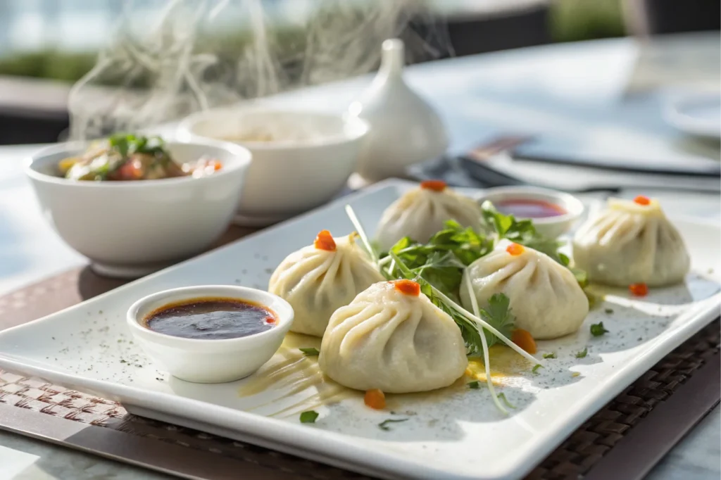 Plated dish of dumplings styled with fresh garnishes and dipping sauces on an elegant table