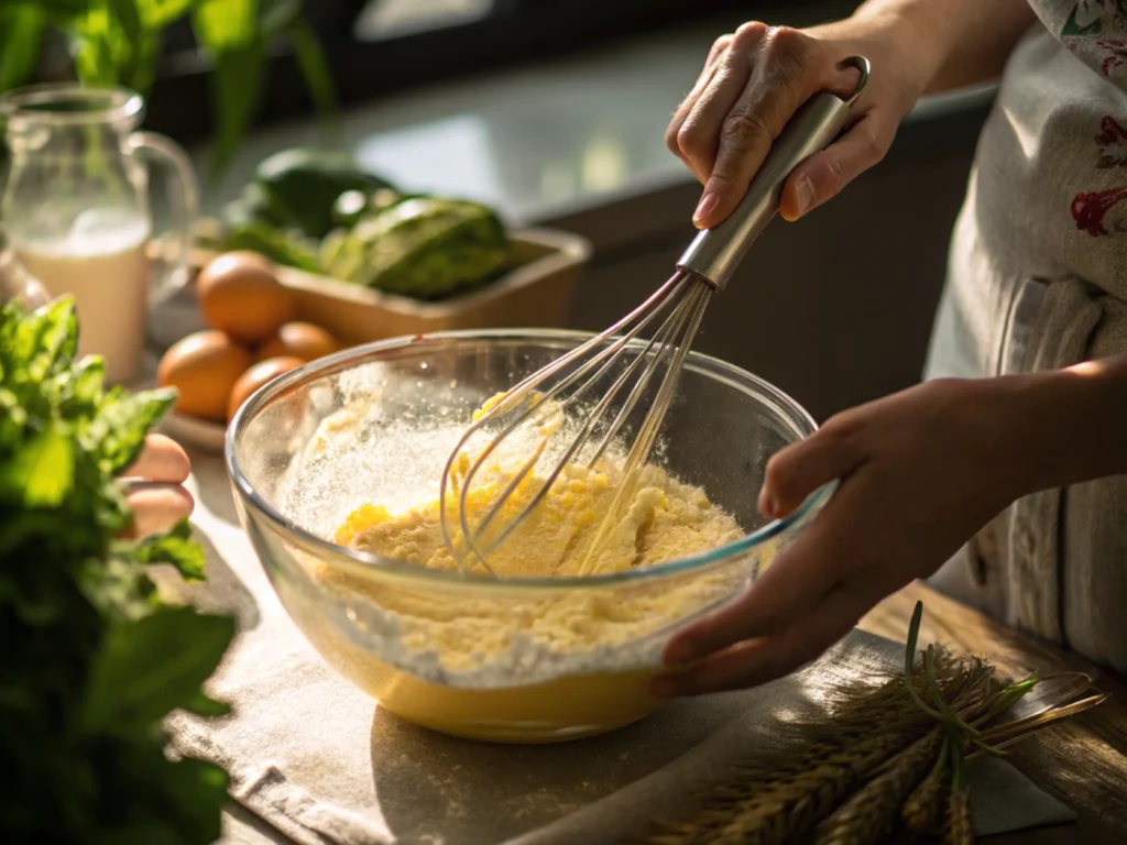 Close-up of batter being whisked in a bowl