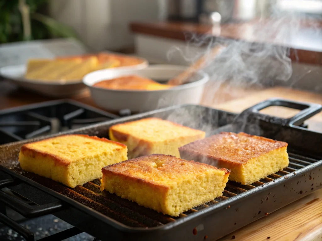 Toasting cornbread slices on a grill with rising steam and a blurred kitchen in the background.