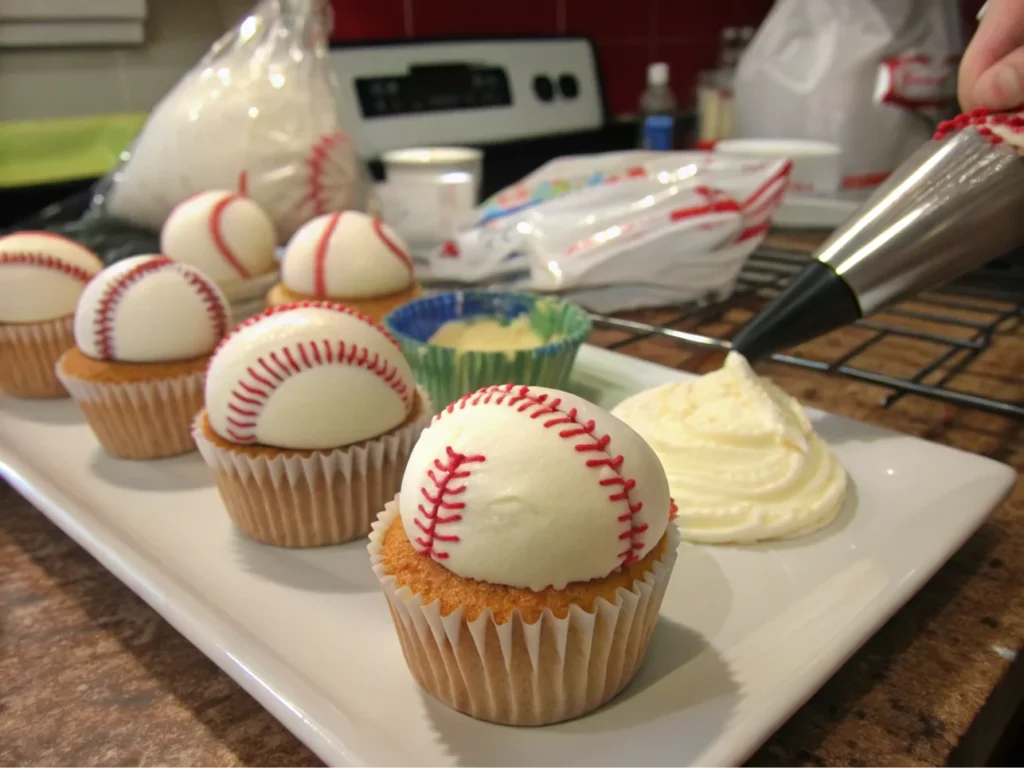 Cupcakes being frosted in a vibrant kitchen