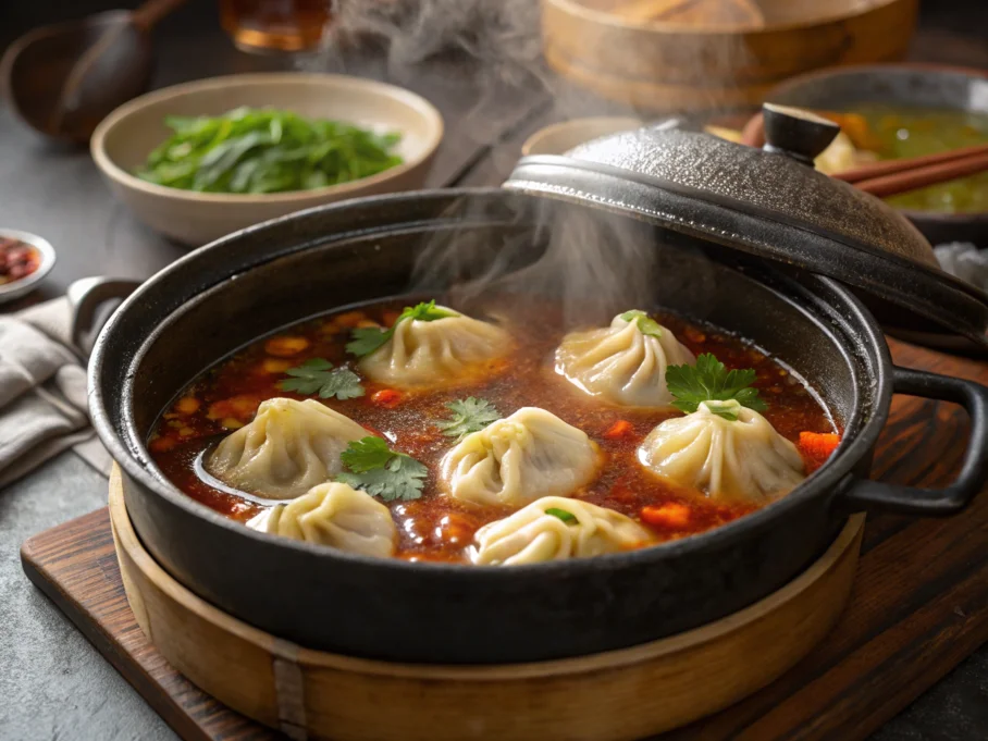 Dumplings simmering in broth with steam rising.