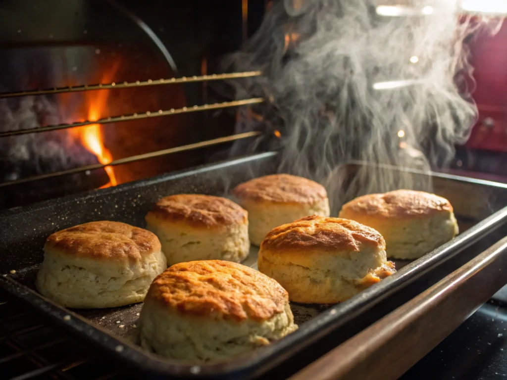 Biscuits baking in the oven with golden brown tops and rising steam