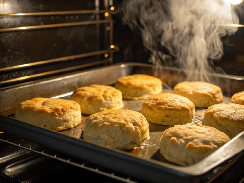 Biscuits baking in an oven with golden edges and soft lighting