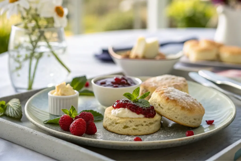 Biscuits served with butter and jam on a stylish breakfast table.