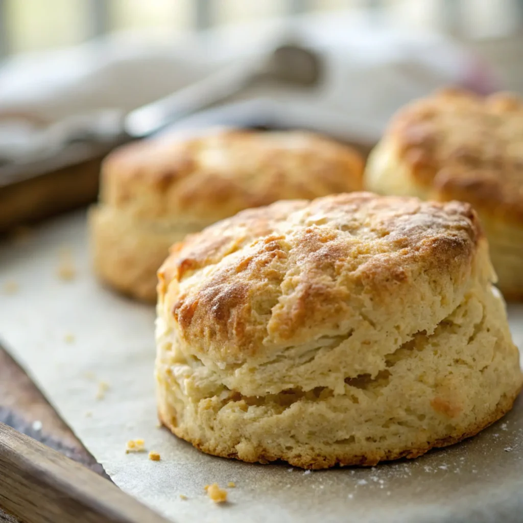 Close-up of a flaky biscuit showcasing its crumbly texture and layers