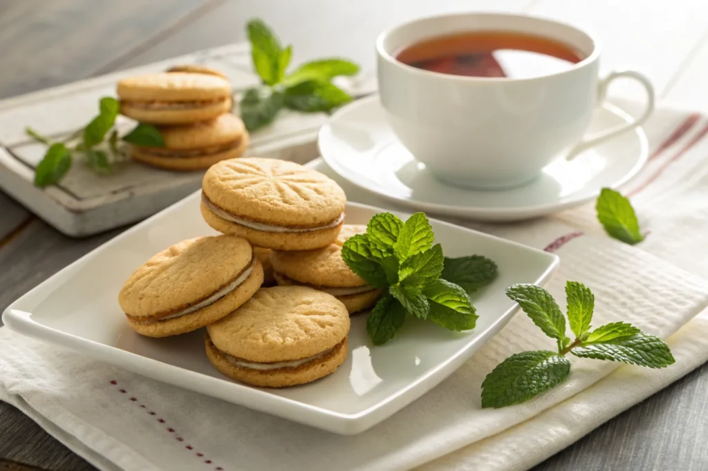 Biscuits served on a plate with garnishes and a warm table setting