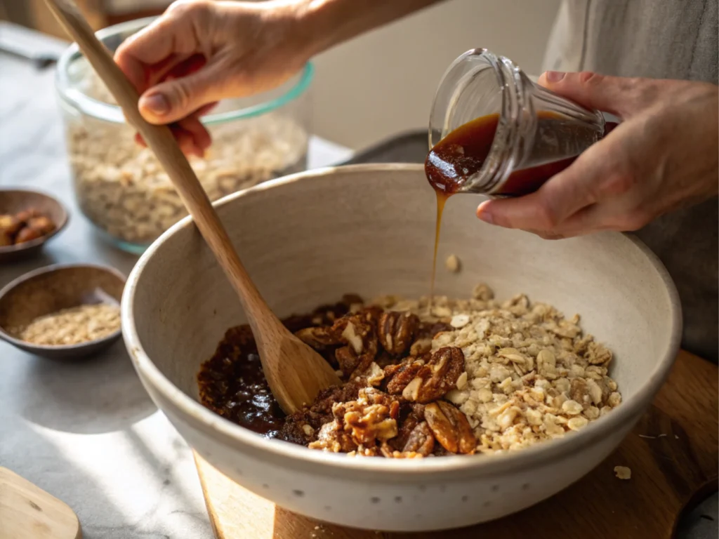 Mixing oats and nuts in a large bowl with a wooden spoon