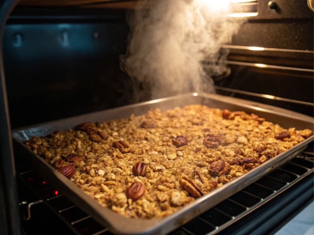 Granola baking on a sheet in the oven with visible steam