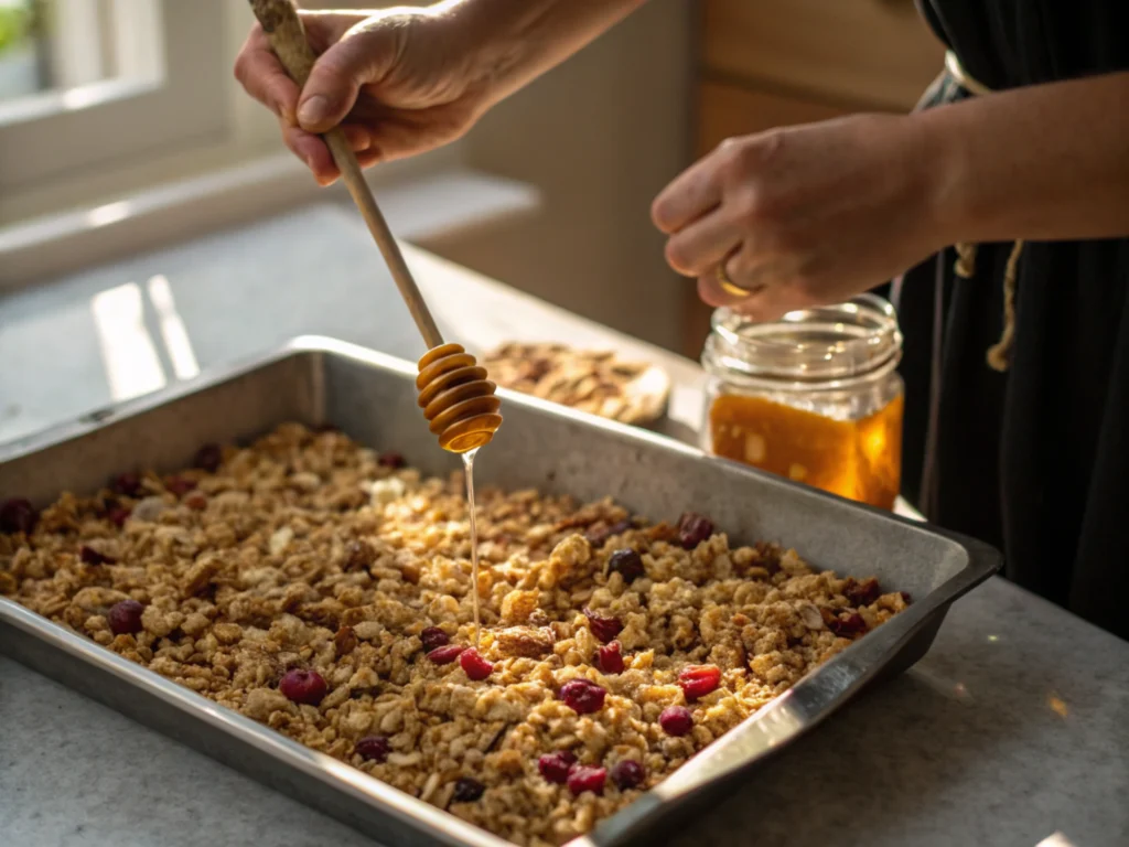 Hands drizzling honey over a baking tray of granola mix