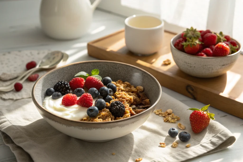 Granola served with fresh yogurt and berries on a breakfast table