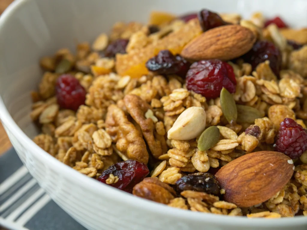 Close-up of perfectly baked oat and nut clusters