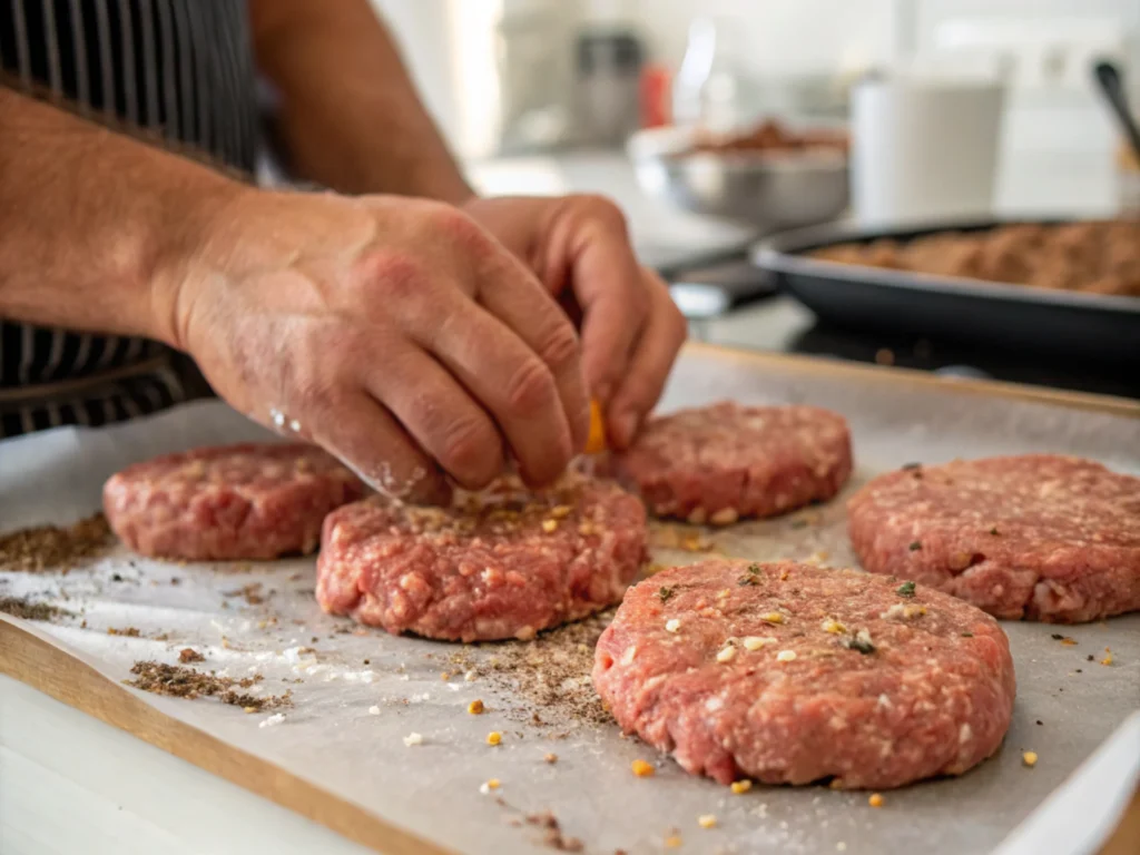 Close-up of hands shaping ground meat into patties for cooking