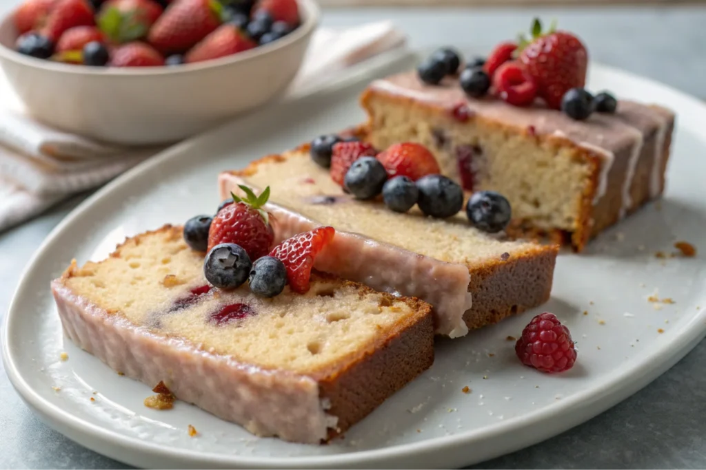 Cake slices garnished with fresh berries and mint leaves on a white plate