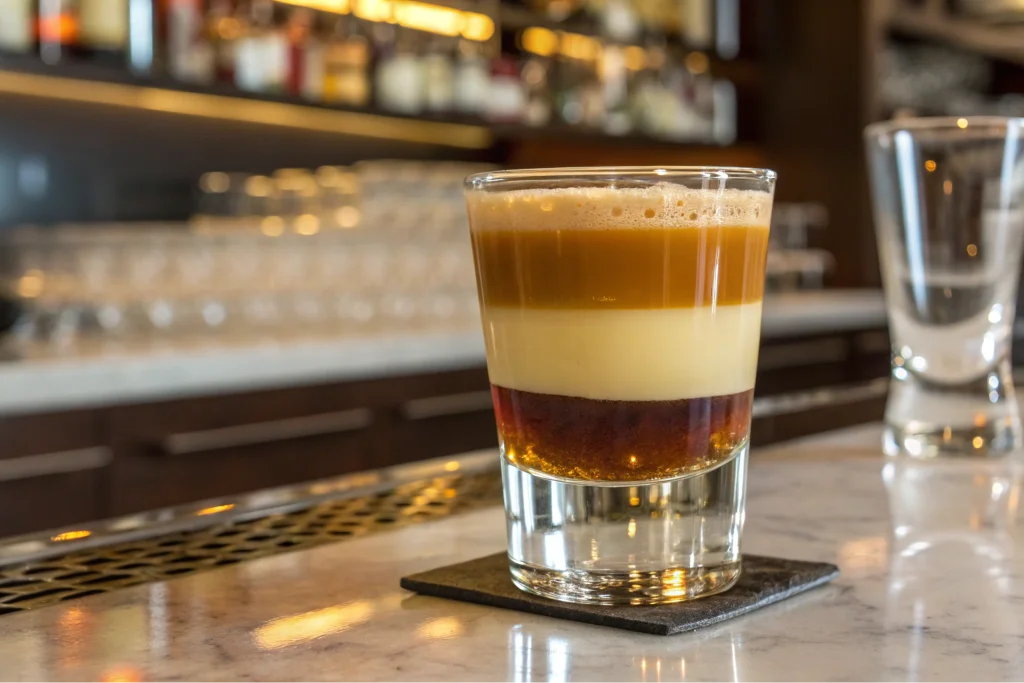 Serving suggestion for a Butterball Shot, placed on a modern bar with natural lighting in a stylish bar setting.