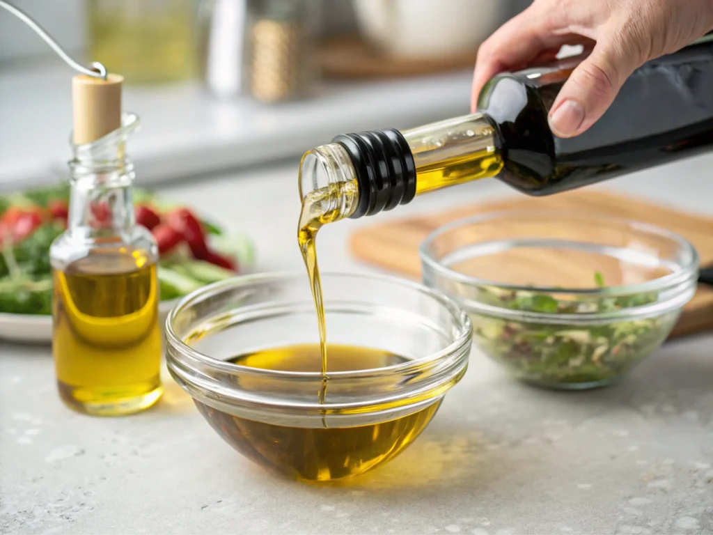 Oil and vinegar being poured into a glass bowl