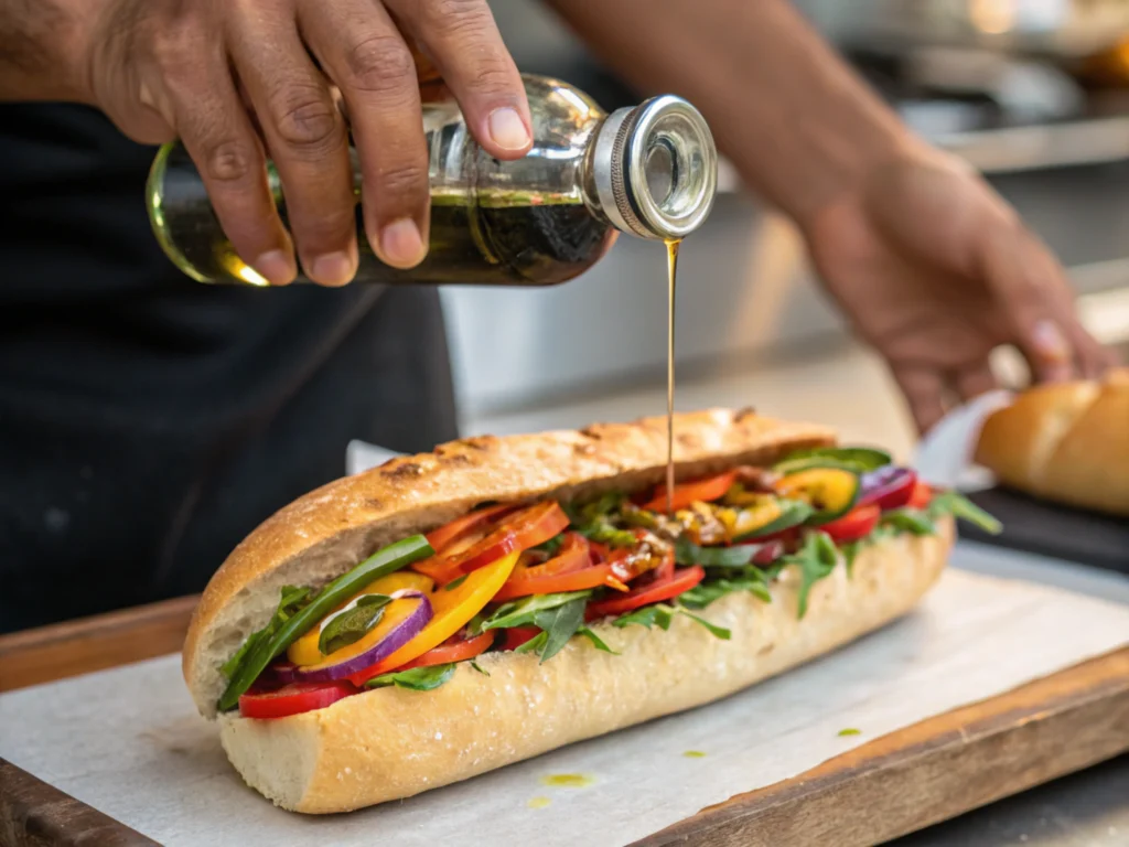 Hands pouring oil onto a sandwich with fresh vegetables