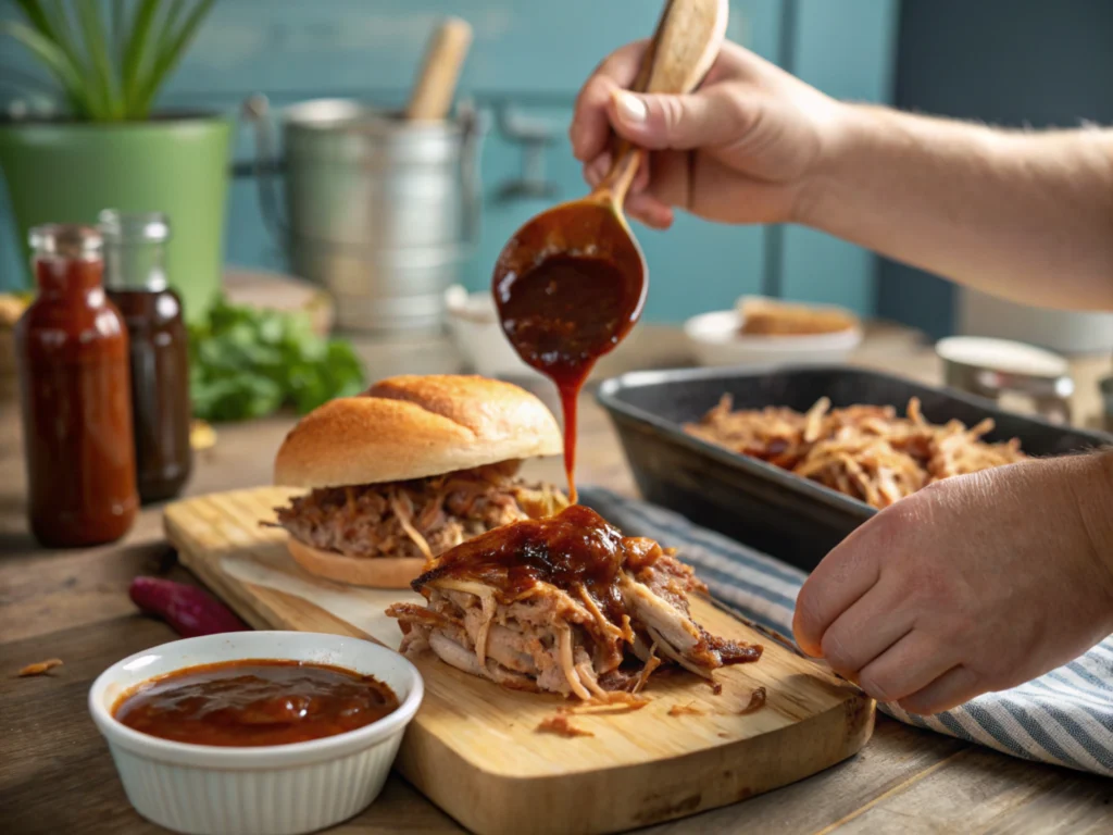 Close-up of hands layering pulled meat and coleslaw