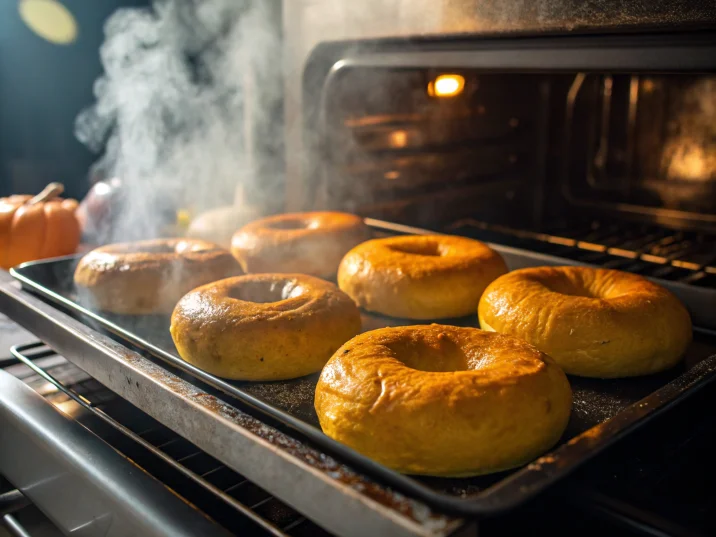 Pumpkin bagels baking in the oven with a golden crust forming