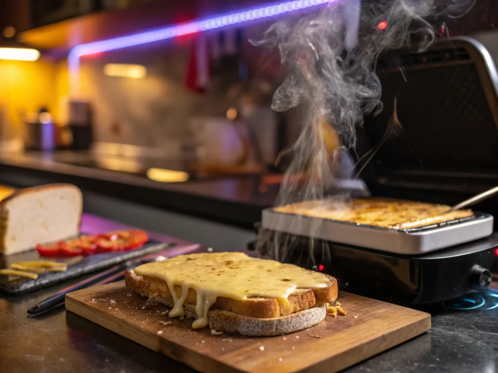 Cheese melting over bread in a skillet, with golden crust forming, steam rising, and warm lighting enhancing the scene.