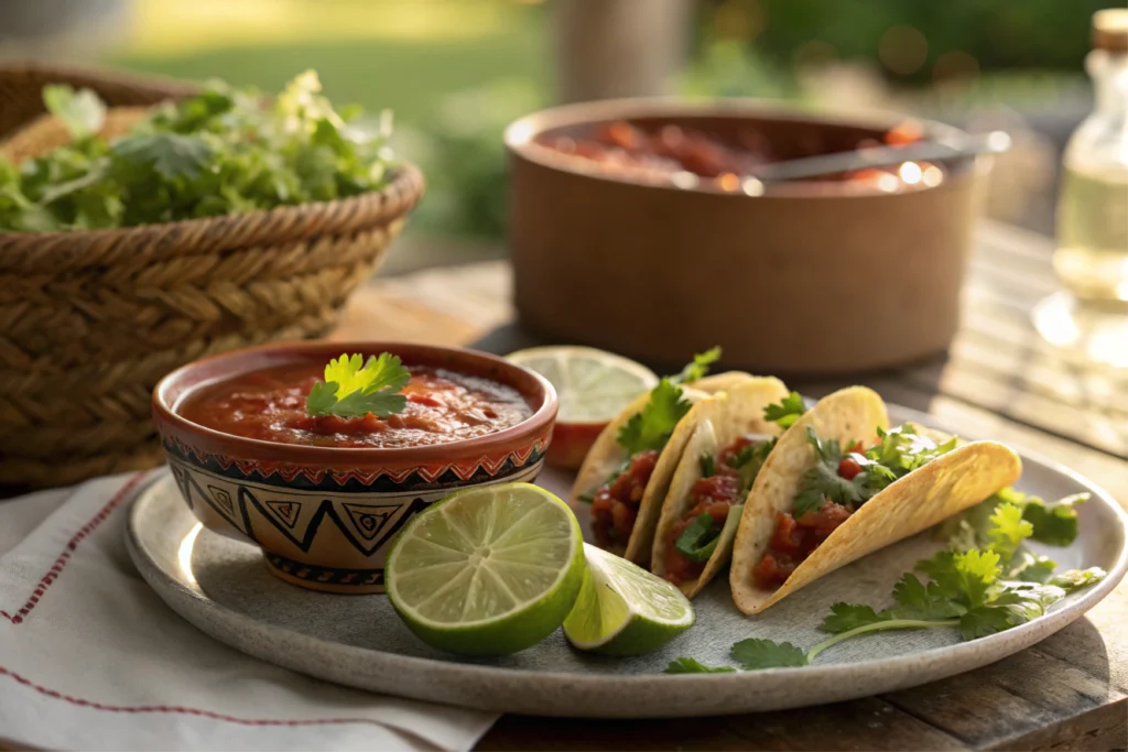 Tacos served with a side of lime wedges.