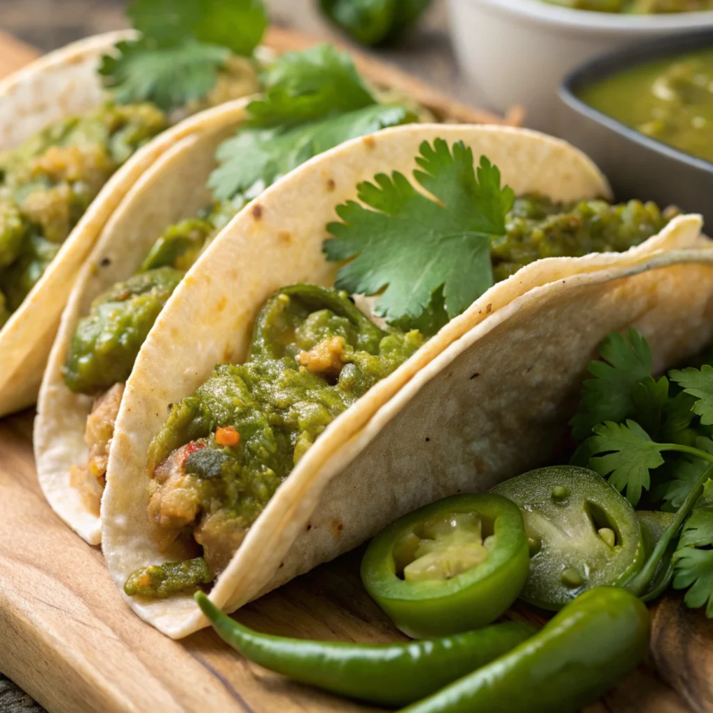 Tacos topped with fresh salsa and cilantro.