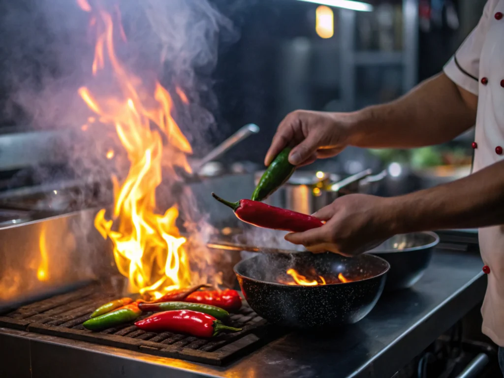 Roasting chilies over an open flame