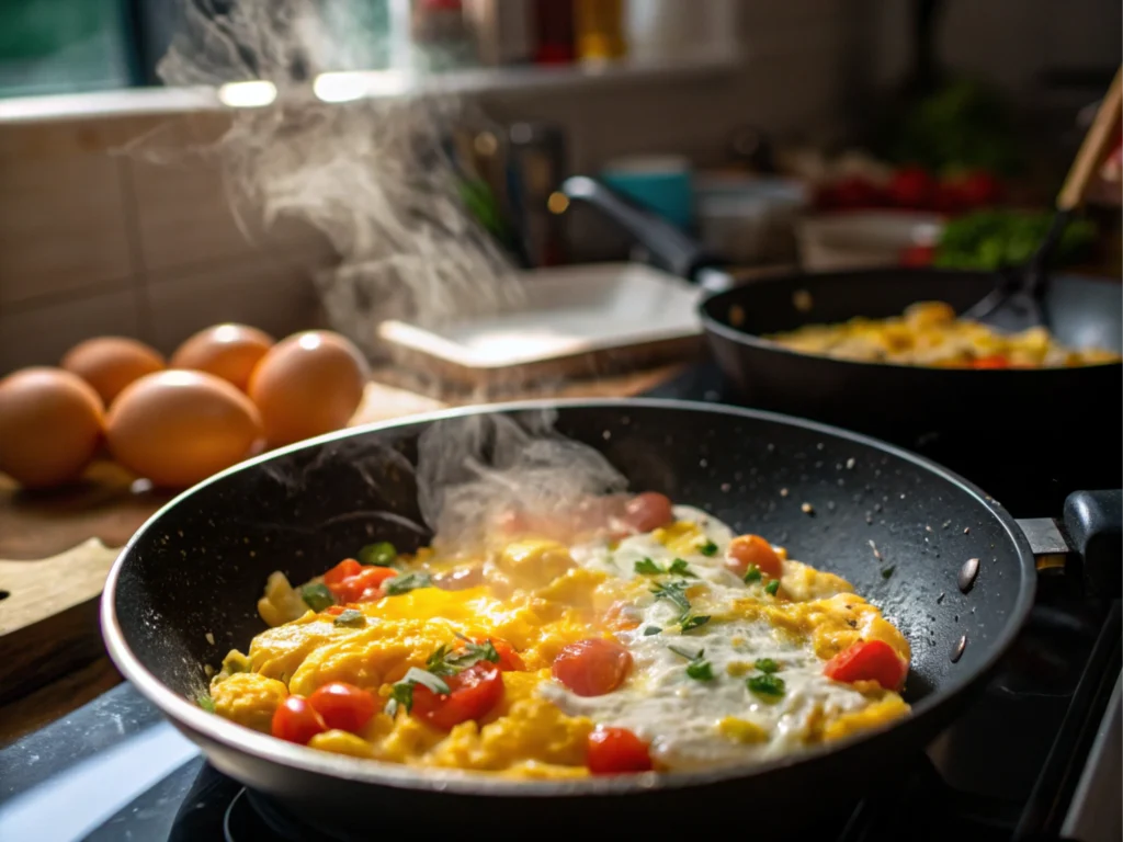 Cooking in a skillet with steam rising