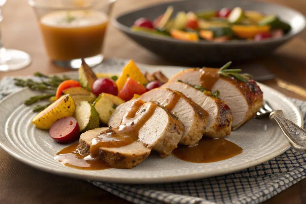 Sliced pork served with roasted vegetables and fresh garnishes on an elegant plate