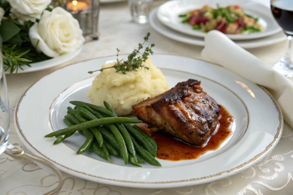 Plated dish with mashed potatoes and green beans, elegantly styled