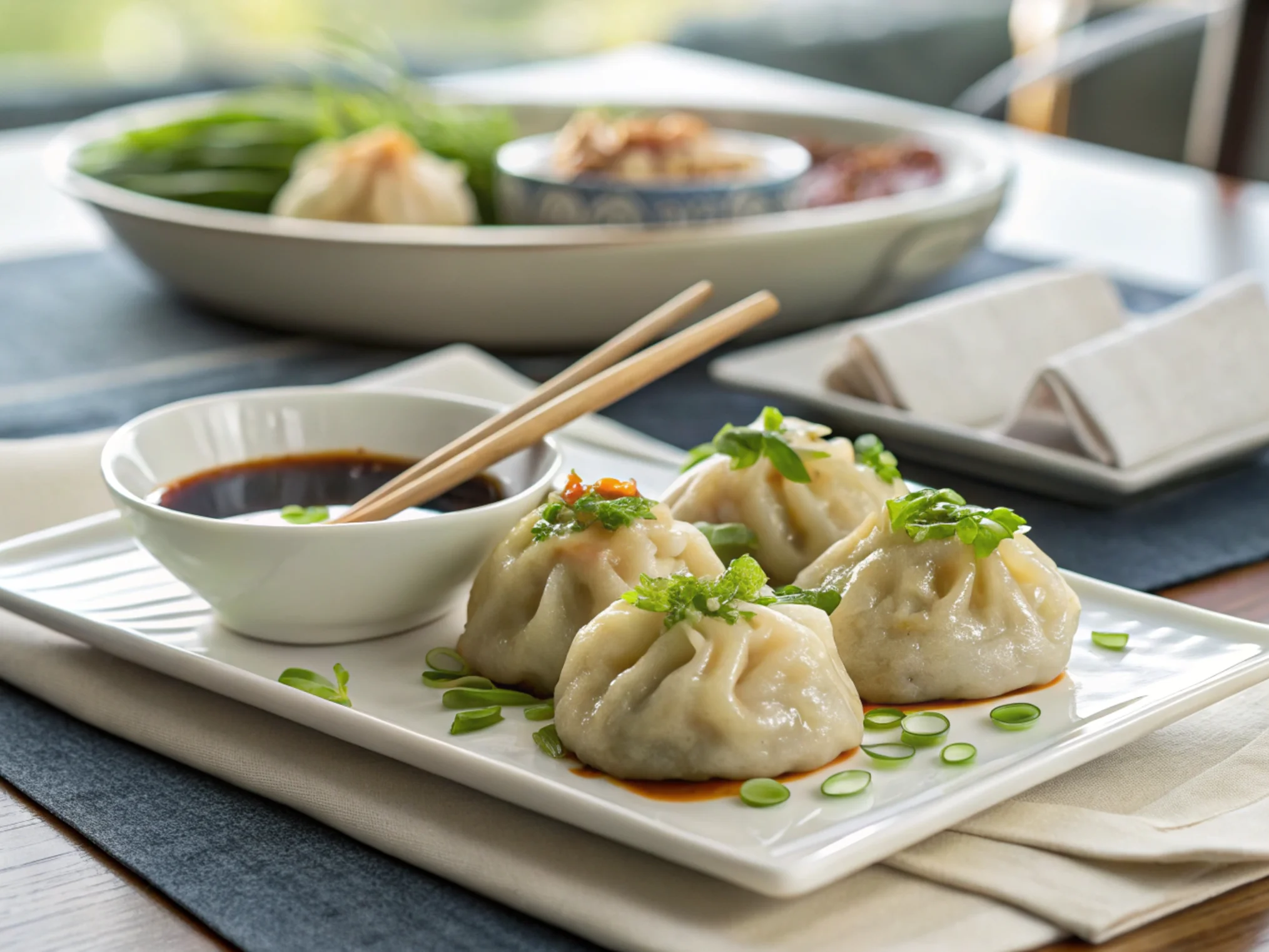 Dumplings on a ceramic plate with dipping sauce and green onion garnish