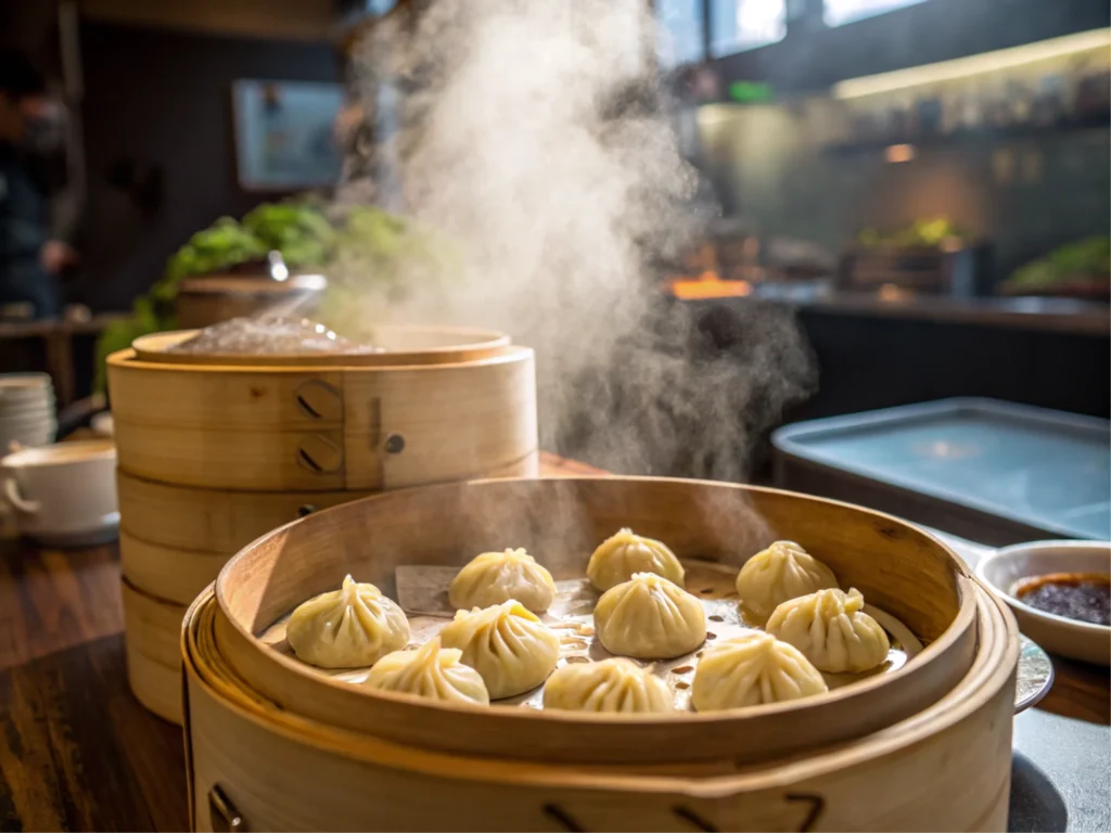 Bamboo steamer filled with steaming dumplings, with steam and warm overhead lighting adding atmosphere