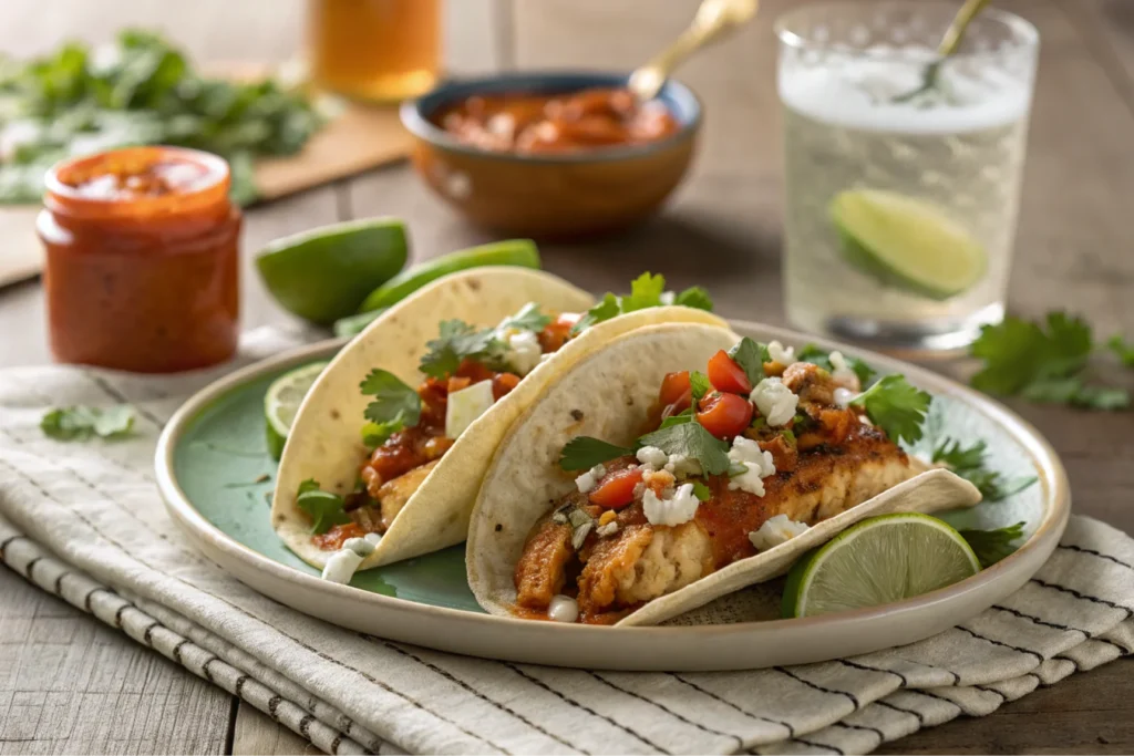 Tacos with Mexican hot sauce, lime, and cilantro garnish