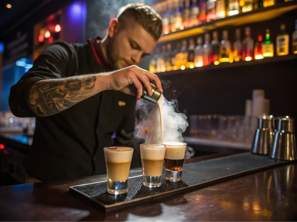 Bartender layering a cocktail in a vibrant bar setting