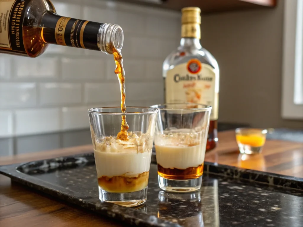 Layering process of a Butterball Shot showing golden butterscotch schnapps and creamy Irish cream forming distinct layers with realistic textures.