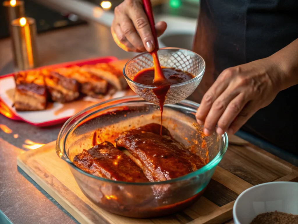 Hands marinating ribs with a glaze in a glass bowl.