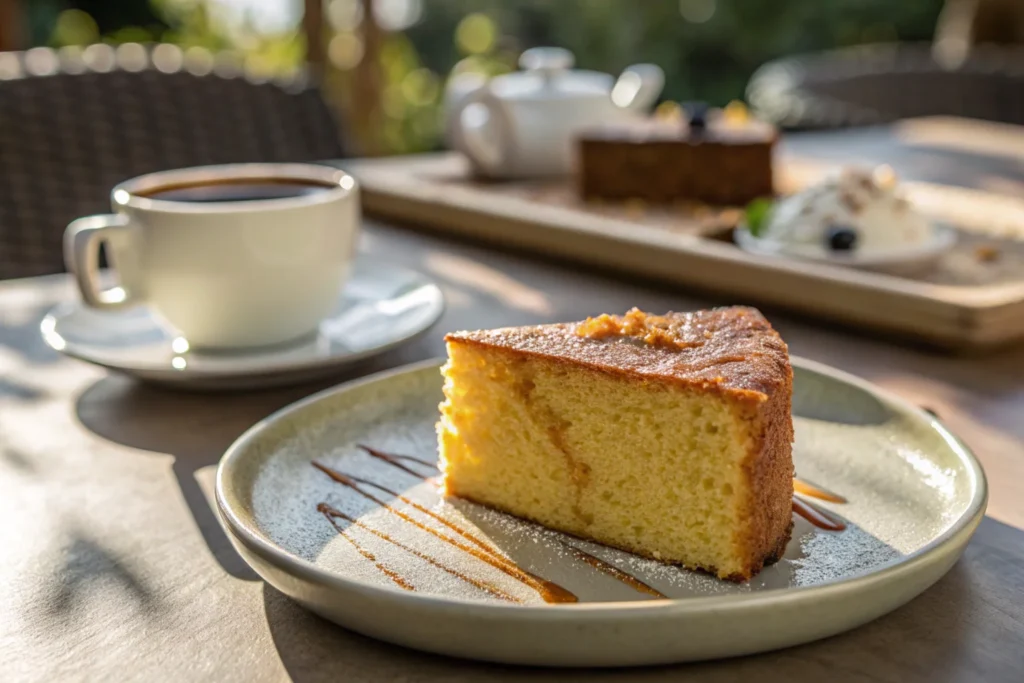 Sliced cake served on a plate with garnishes and a warm, inviting table setting.