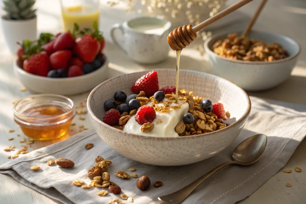 Granola served with yogurt, berries, and honey on a breakfast table