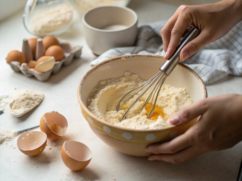 Hands mixing batter in a bowl with scattered tools.