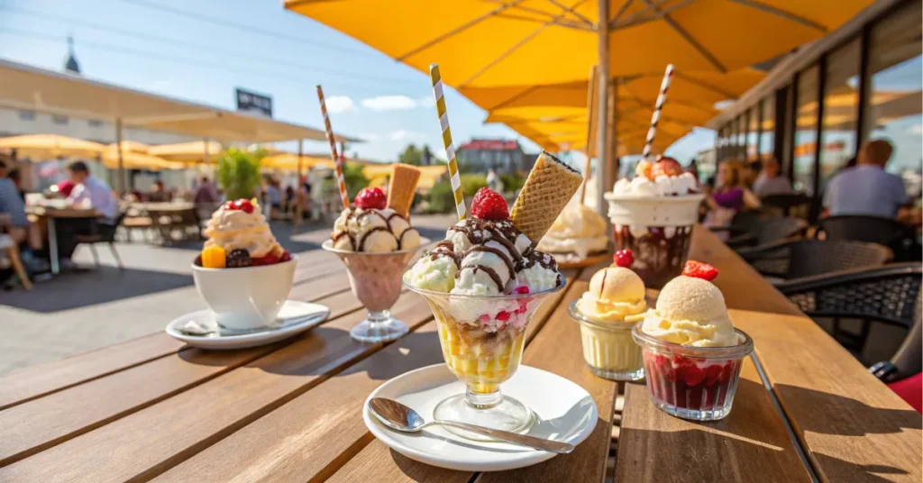 A sunny outdoor German Eiscafé with ice cream sundaes on a table. Title: A Day at a German Eiscafé