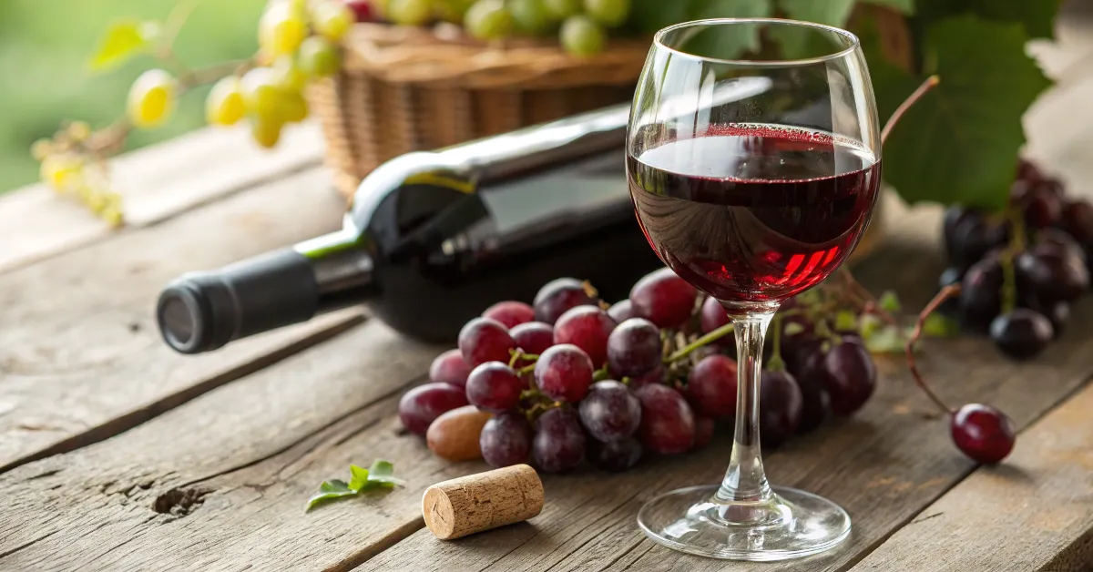 A glass of ruby-red wine on a rustic wooden table, surrounded by grapes and a wine bottle.