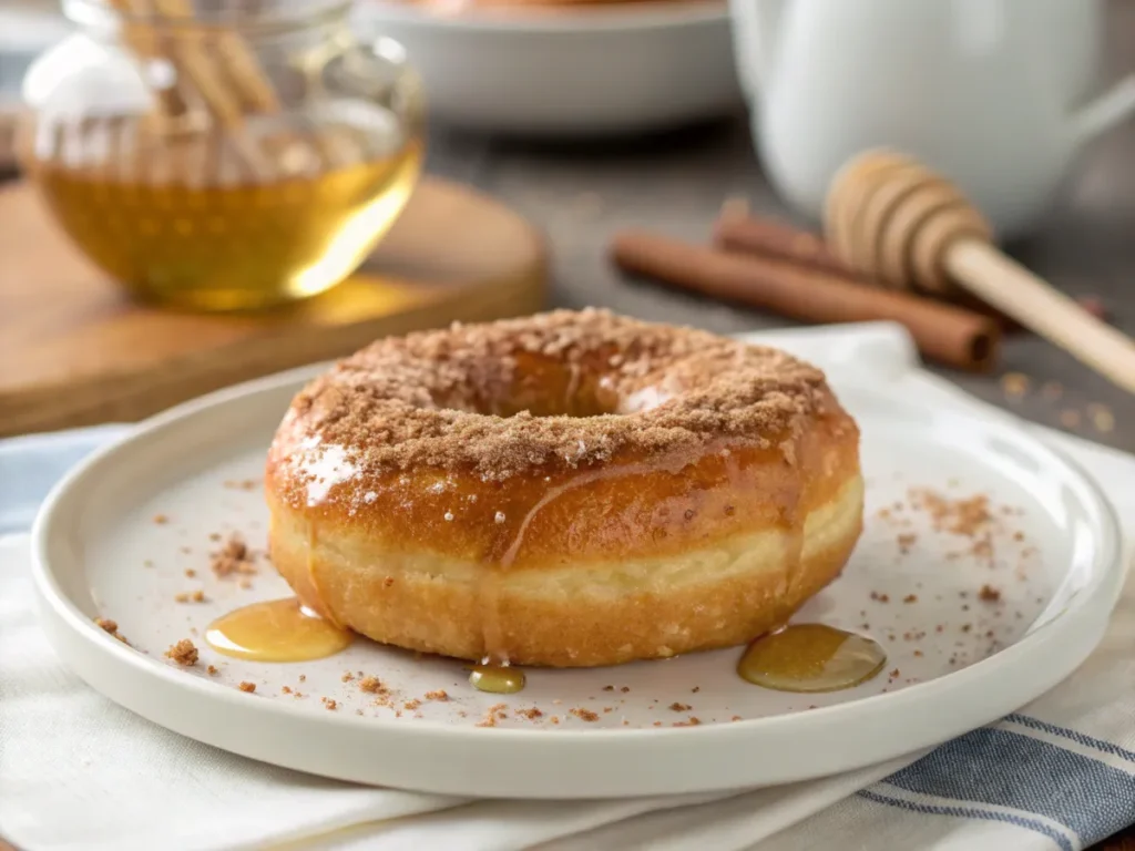 Close-up of a baked doughnut drizzled with honey and sprinkled with cinnamon.