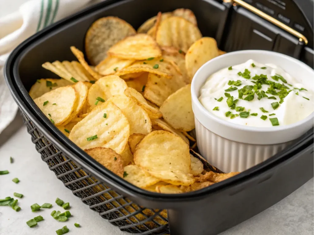 Freshly made air-fried snacks garnished with herbs.