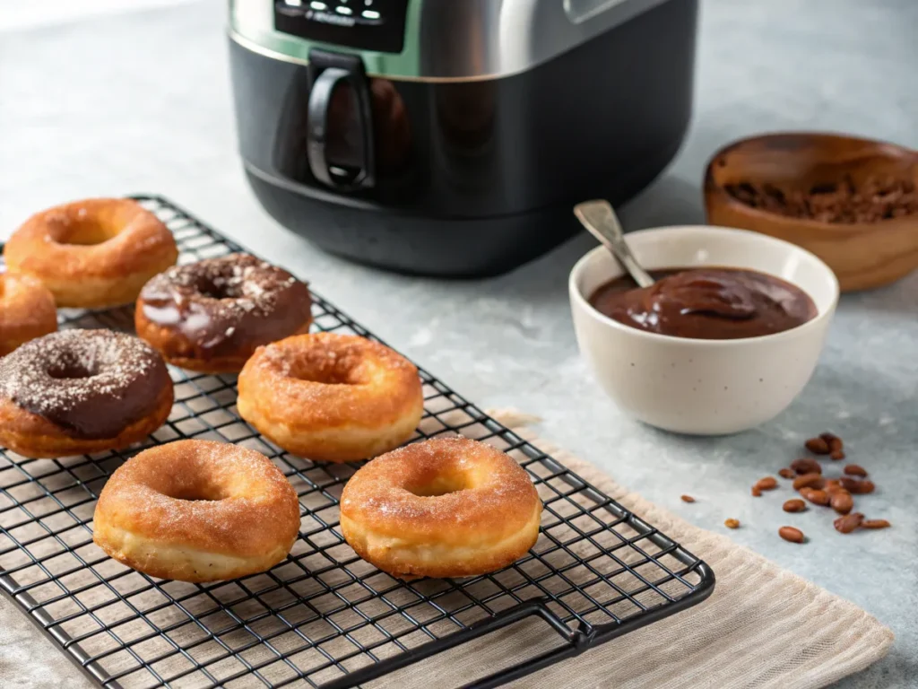 Golden air-fried doughnuts cooling on a rack with melted chocolate nearby.