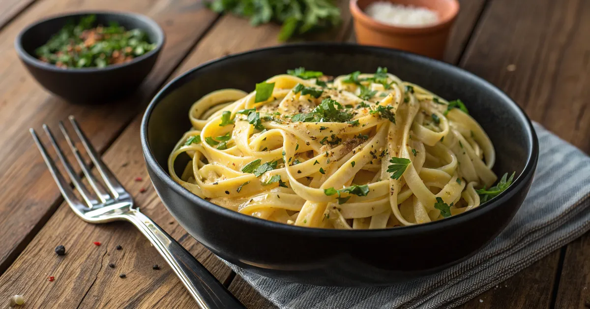 A bowl of gluten-free egg noodles with fresh herbs on a wooden table.