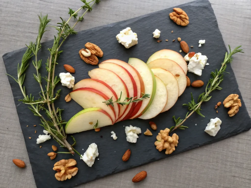 Apple slices paired with goat cheese and garnished with herbs