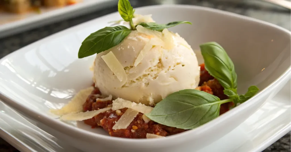 Close-up of Bolognese ice cream topped with basil and Parmesan flakes.