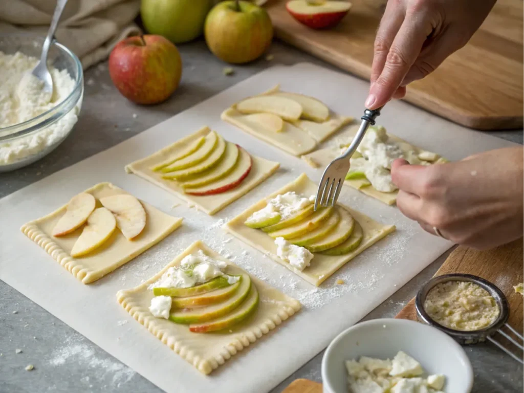 Assembling goat cheese and apple turnovers by sealing the edges of the pastry with a fork.