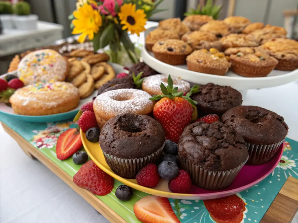 A variety of sourdough desserts, including brownies, muffins, and donuts.