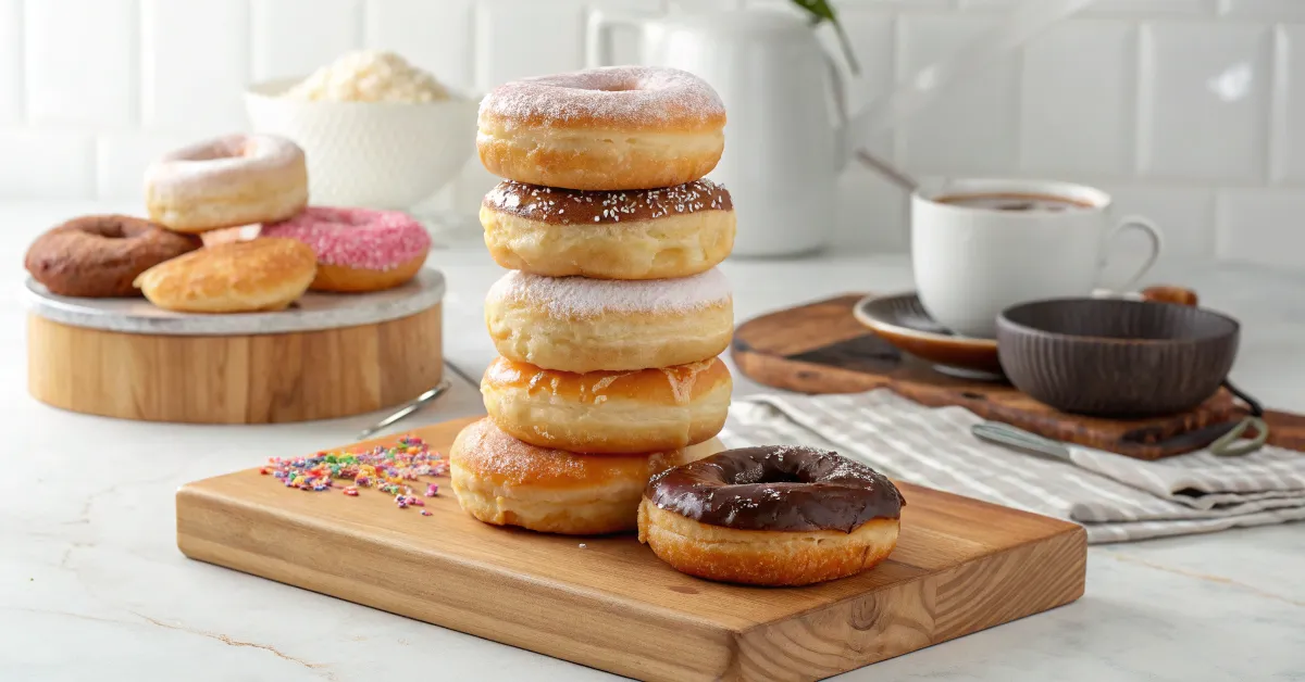 A stack of traditional doughnuts, including glazed, frosted, and filled varieties, on a wooden board.